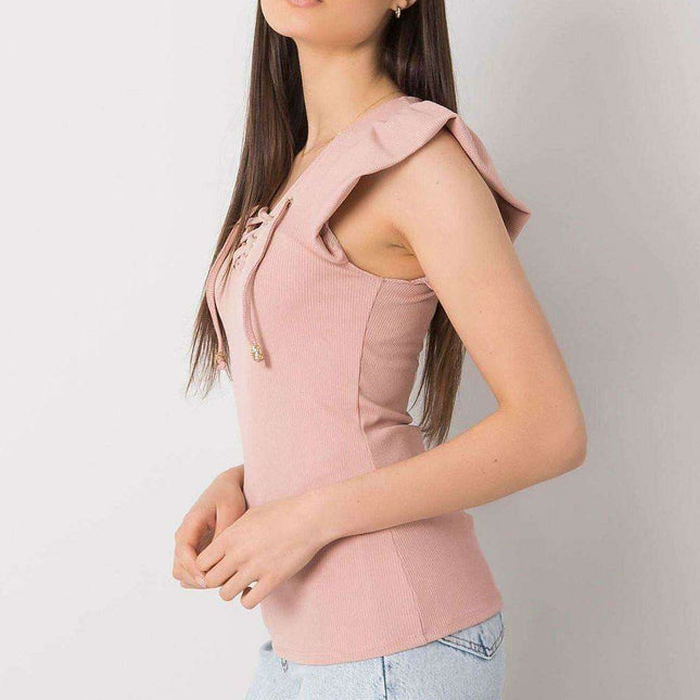 Chic Italian Ribbed Blouse With Frill Neckline Slim Fit