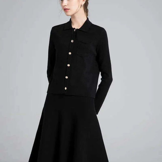 Chic Knit Collar Sweater with Elegant Gold Button Embellishments