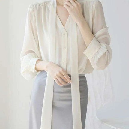 Chic Korean Chiffon Lace-Up Blouse with Puff Sleeves and V-Neck for Women