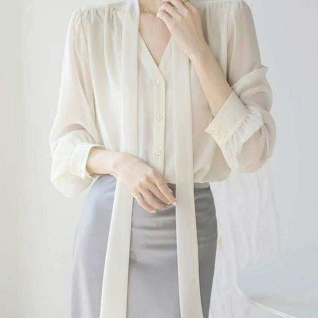 Chic Korean Chiffon Lace-Up Blouse with Puff Sleeves and V-Neck for Women