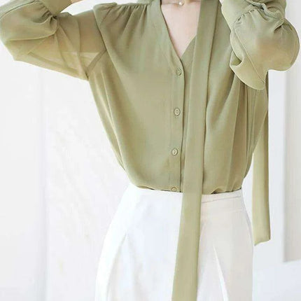 Chic Korean Chiffon Lace-Up Blouse with Puff Sleeves and V-Neck for Women