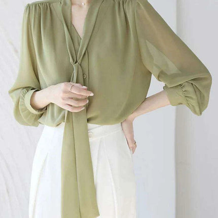 Chic Korean Chiffon Lace-Up Blouse with Puff Sleeves and V-Neck for Women - Très Elite