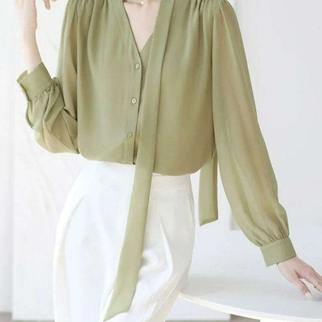 Chic Korean Chiffon Lace-Up Blouse with Puff Sleeves and V-Neck for Women