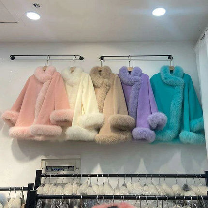Chic Korean Wool Cape Coat for Women with Luxurious Fox Fur Trim - Must-Have Autumn Outerwear - Très Elite