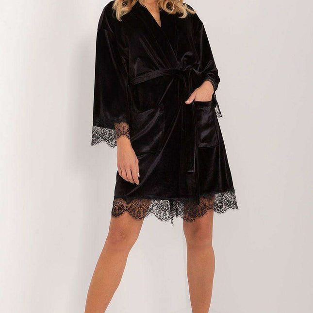 Chic Lace-Embellished Cotton Bathrobe with Convenient Pockets