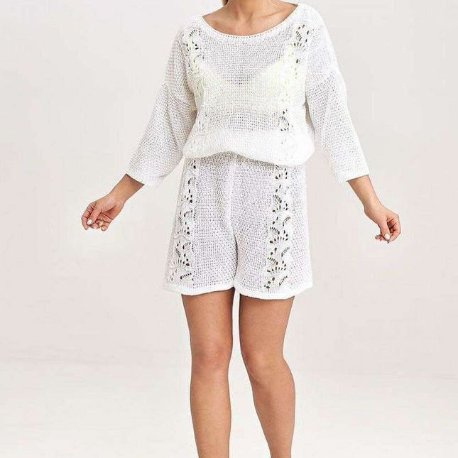 Chic Lace-Trimmed Knit Blouse and Shorts Set