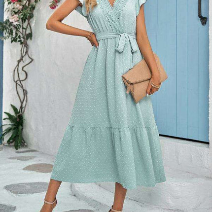 Chic Lace V-Neck Casual Dress with Adjustable Waist Tie - Multiple Color Options Available - Très Elite