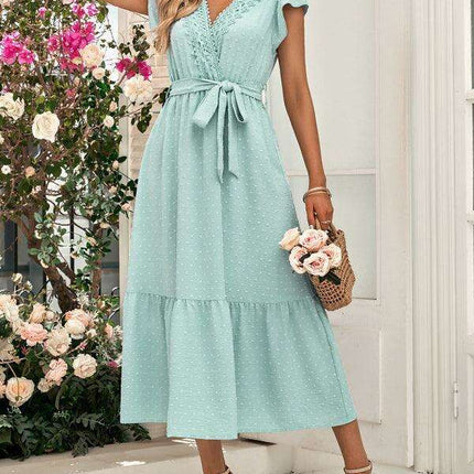 Chic Lace V-Neck Casual Dress with Adjustable Waist Tie - Multiple Color Options Available - Très Elite
