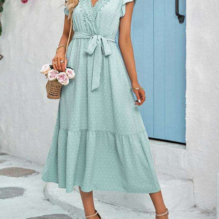 Chic Lace V-Neck Casual Dress with Adjustable Waist Tie - Multiple Color Options Available - Très Elite