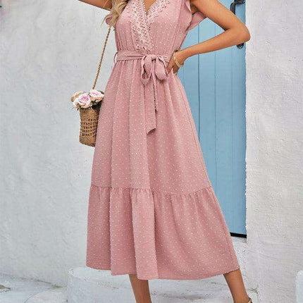 Chic Lace V-Neck Casual Dress with Adjustable Waist Tie - Multiple Color Options Available - Très Elite