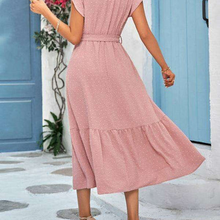 Chic Lace V-Neck Casual Dress with Adjustable Waist Tie - Multiple Color Options Available - Très Elite