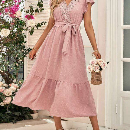 Chic Lace V-Neck Casual Dress with Adjustable Waist Tie - Multiple Color Options Available - Très Elite
