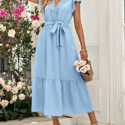 Chic Lace V-Neck Casual Dress with Adjustable Waist Tie - Multiple Color Options Available - Très Elite