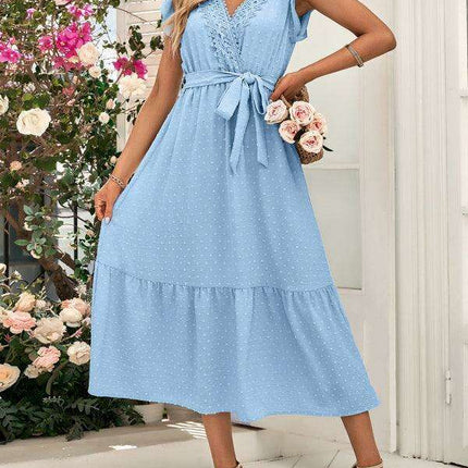 Chic Lace V-Neck Casual Dress with Adjustable Waist Tie - Multiple Color Options Available - Très Elite