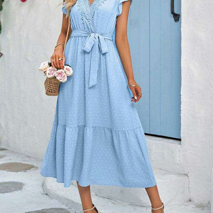 Chic Lace V-Neck Casual Dress with Adjustable Waist Tie - Multiple Color Options Available - Très Elite