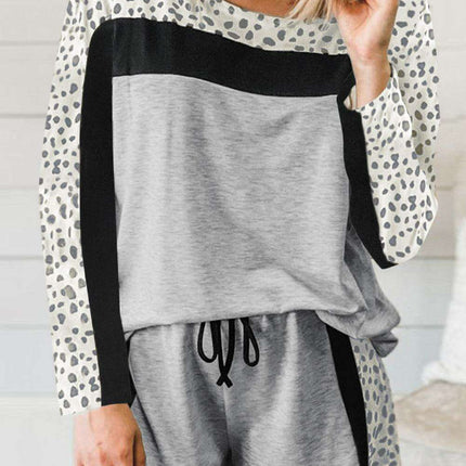 Chic Leopard Print Colorblock Lounge Set - Cozy Pullover and Shorts Ensemble