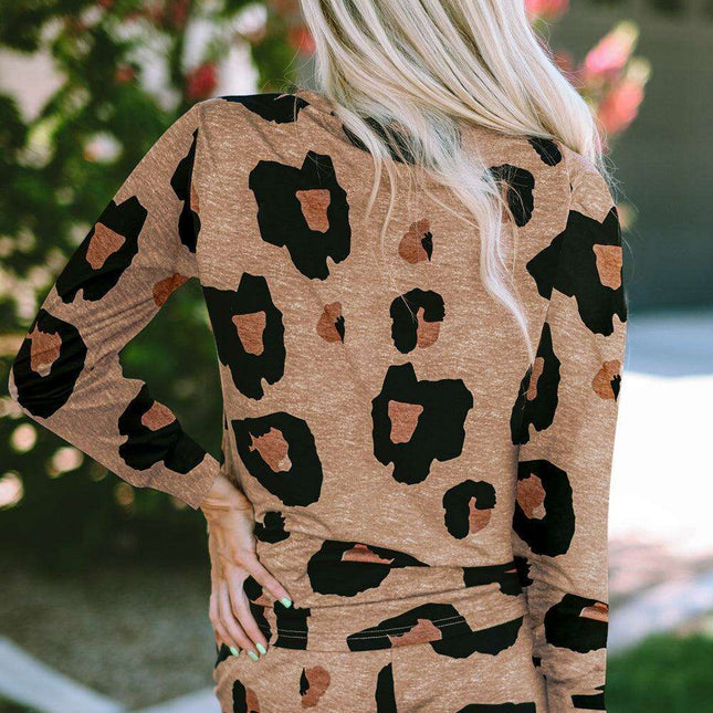 Chic Leopard Print Lounge Set: Long Sleeve Pullover and Shorts Combo