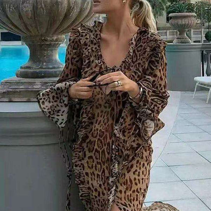Chic Leopard Print Maxi Skirt with Ruffled Slit and Elegant Long Sleeves - Très Elite