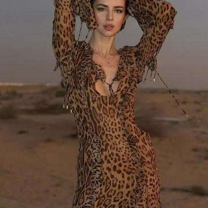 Chic Leopard Print Maxi Skirt with Ruffled Slit and Elegant Long Sleeves - Très Elite