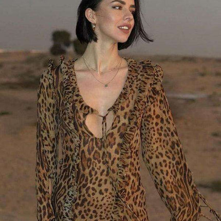 Chic Leopard Print Maxi Skirt with Ruffled Slit and Elegant Long Sleeves - Très Elite