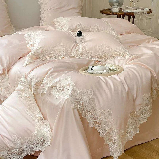 Chic Light Pink Lace Embroidered Royal Quilt Set - Luxurious Egyptian Cotton Duvet Cover with Matching Bed Sheet & Pillowcases in Korean Design