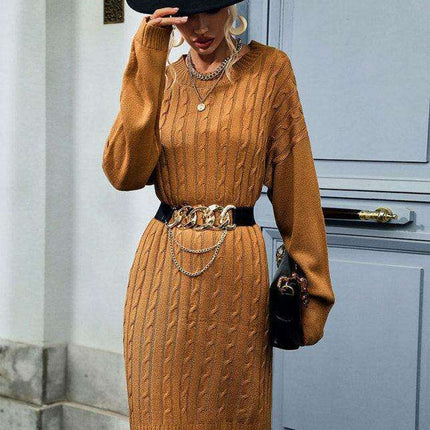 Chic Linen-Inspired Knit Sweater Dress with Round Neck - Très Elite