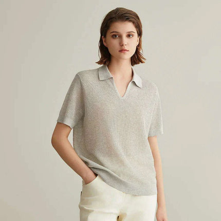 Chic Linen-Silk Blend Knitted Polo Sweater for Women - Très Elite