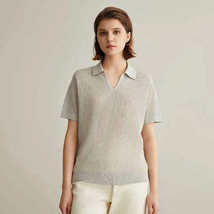 Chic Linen-Silk Blend Knitted Polo Sweater for Women - Très Elite