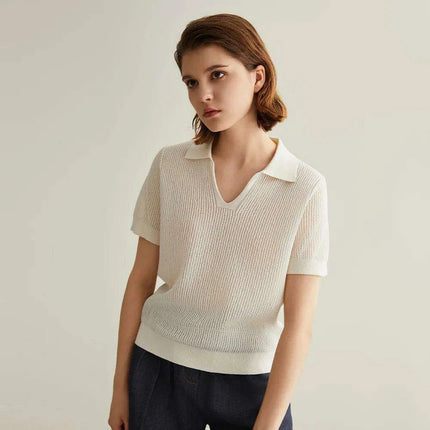Chic Linen-Silk Blend Knitted Polo Sweater for Women - Très Elite