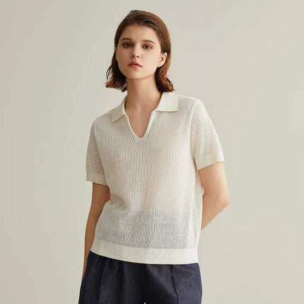 Chic Linen-Silk Blend Knitted Polo Sweater for Women - Très Elite