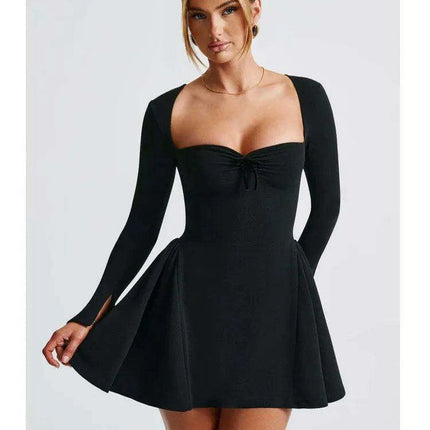 Chic Long Sleeve Bodycon Dress with Square Neckline and Stylish Lace-Up Features for Elegant Occasions - Très Elite
