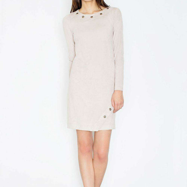 Chic Long Sleeve Faux Suede Dress with Glamorous Metal Accents - Model 52603