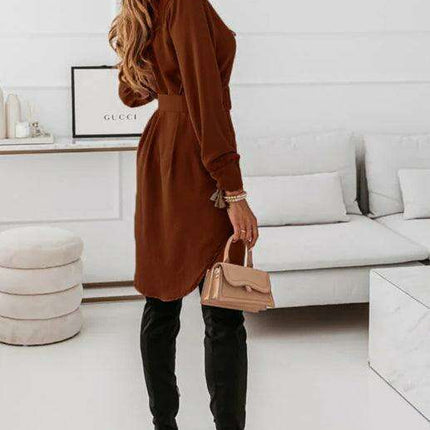 Chic Long Sleeve Polyester Shirt Dress with Lapel Collar - Très Elite