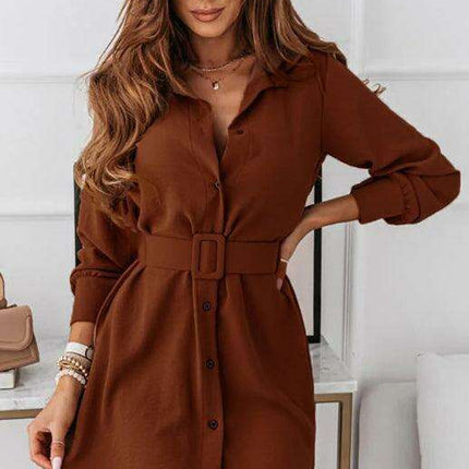 Chic Long Sleeve Polyester Shirt Dress with Lapel Collar - Très Elite