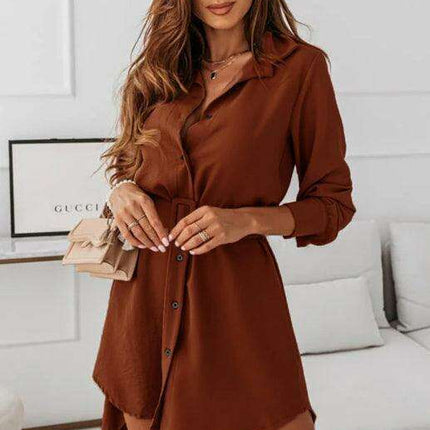 Chic Long Sleeve Polyester Shirt Dress with Lapel Collar - Très Elite