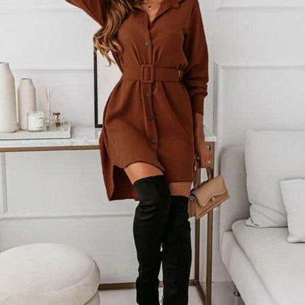 Chic Long Sleeve Polyester Shirt Dress with Lapel Collar - Très Elite
