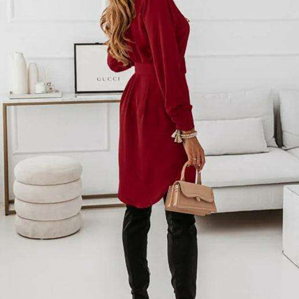 Chic Long Sleeve Polyester Shirt Dress with Lapel Collar - Très Elite