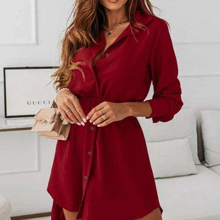 Chic Long Sleeve Polyester Shirt Dress with Lapel Collar - Très Elite