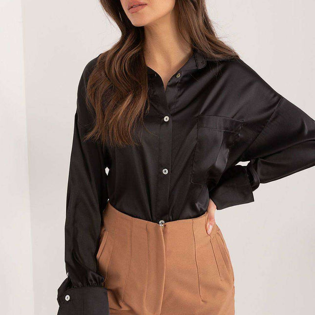 Chic Long Sleeve Satin Shirt with Pocket Detail