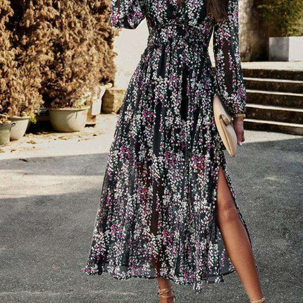 Chic Long Sleeve V-Neck Chiffon Dress - A Stylish Autumn-Winter Must-Have - Très Elite