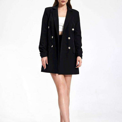 Chic Longline Double-Breasted Jacket with Distinctive Sleeve Accents - Très Elite