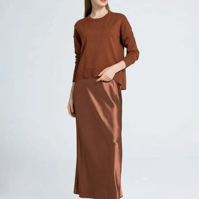 Chic Loose Knitting Top and Luxurious Acetate Satin Skirt Set for Women