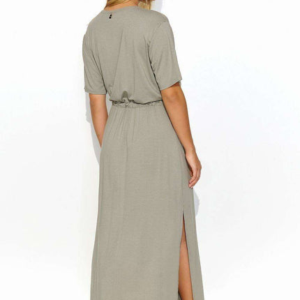 Chic Macadamia Waist-Tie Maxi Dress with Elegant Gold Detail - Très Elite