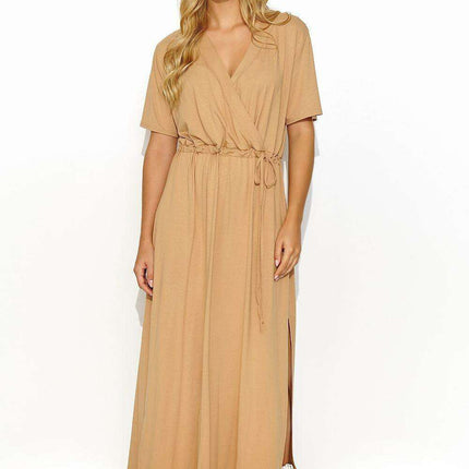 Chic Macadamia Waist-Tie Maxi Dress with Elegant Gold Detail