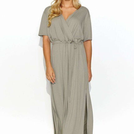Chic Macadamia Waist-Tie Maxi Dress with Elegant Gold Detail