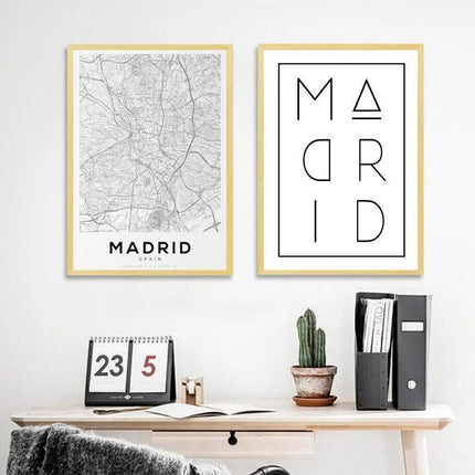 Chic Madrid Typography Map Canvas - Contemporary Home Decoration..