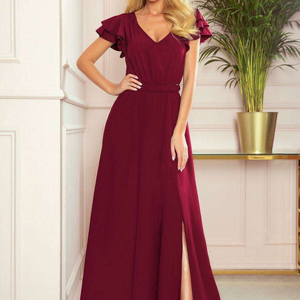 Chic Maroon Frill-Detail Maxi Dress by Numoco - Très Elite