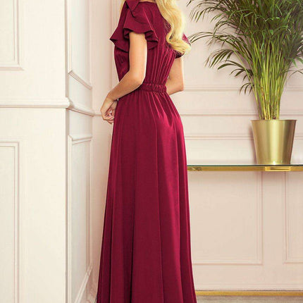 Chic Maroon Frill-Detail Maxi Dress by Numoco - Très Elite