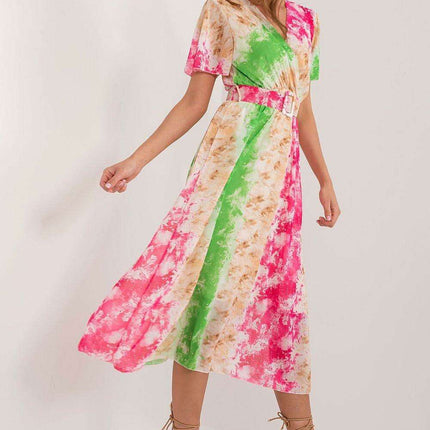 Chic Midi Dress With Colorful Prints And Coordinating Belt - Très Elite