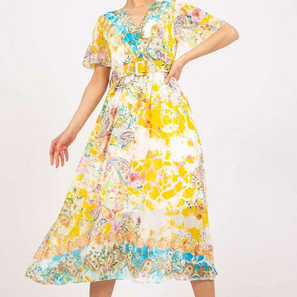 Chic Midi Dress With Colorful Prints And Coordinating Belt - Très Elite
